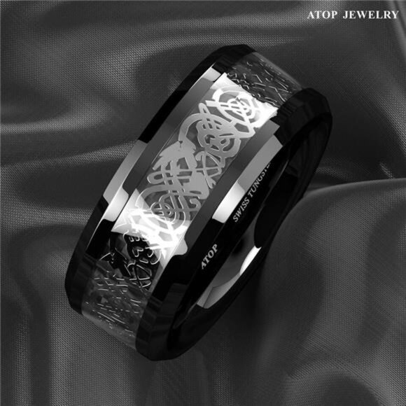Men's Wedding Band - Silver Celtic Dragon Black Tungsten Carbon Ring for Men - Picture 7 of 7